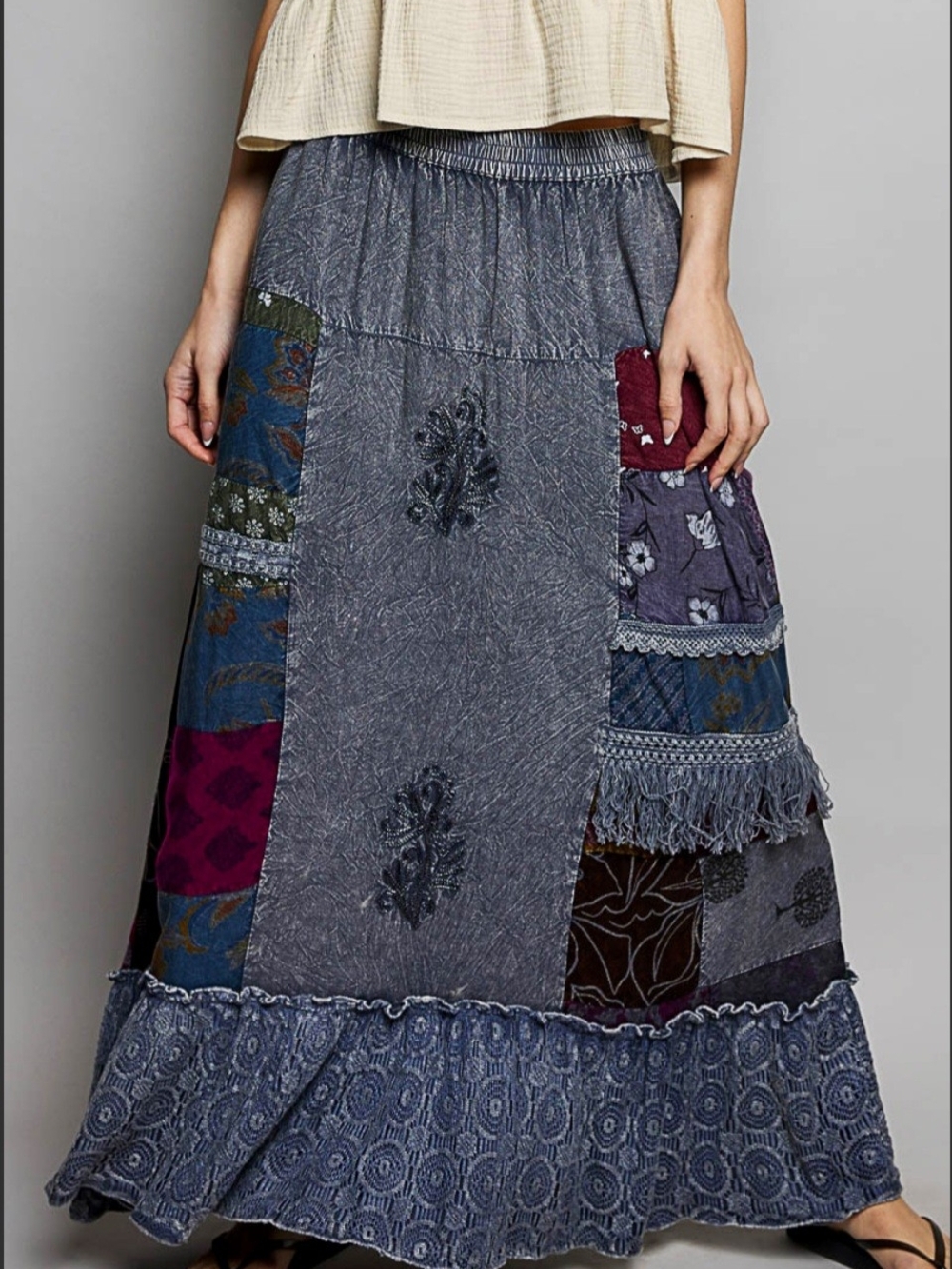 POL Bohemian Patchwork Maxi Skirt in Slate Blue with Burgundy Accents